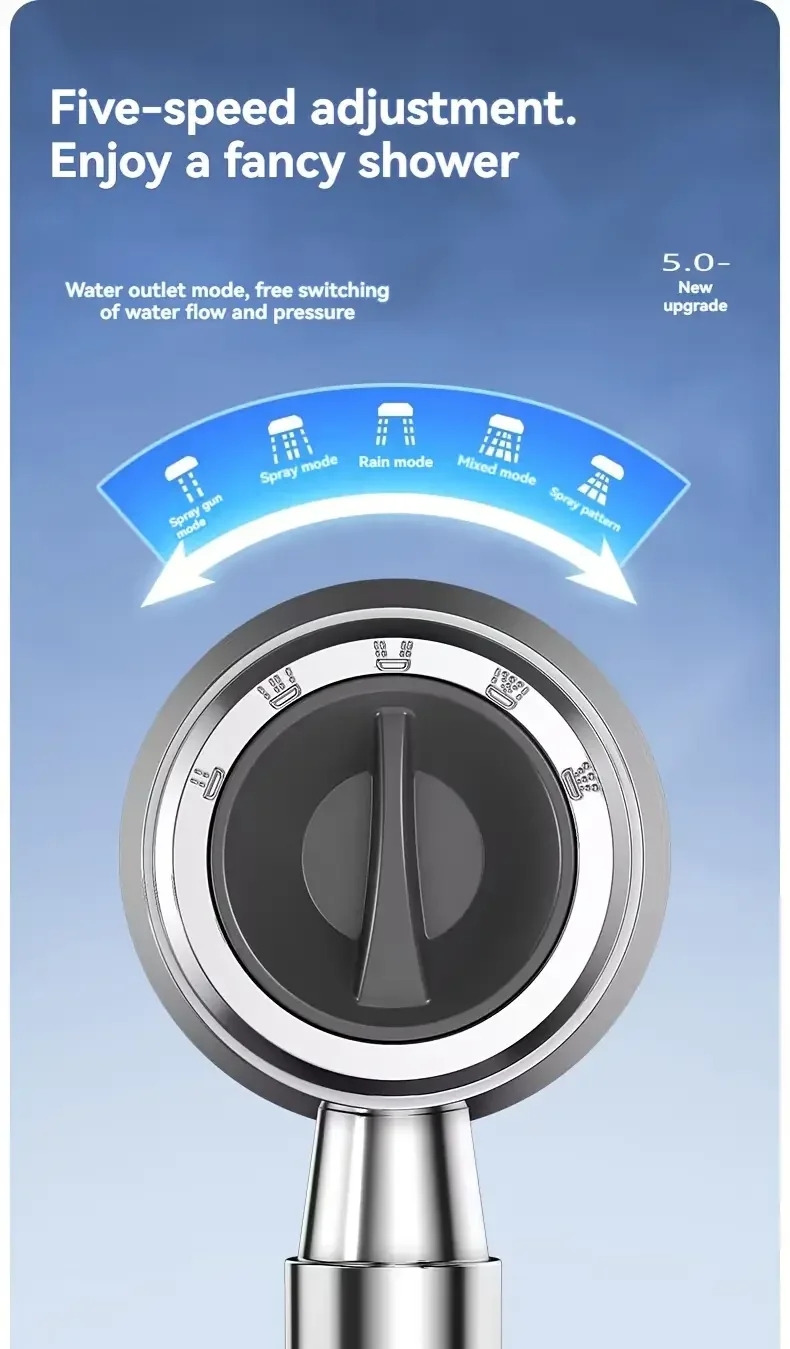 New High Pressure Water Saving Filter Shower Head 5 Modes Handheld Shower Head One Button Stop Bathroom Accessories Set