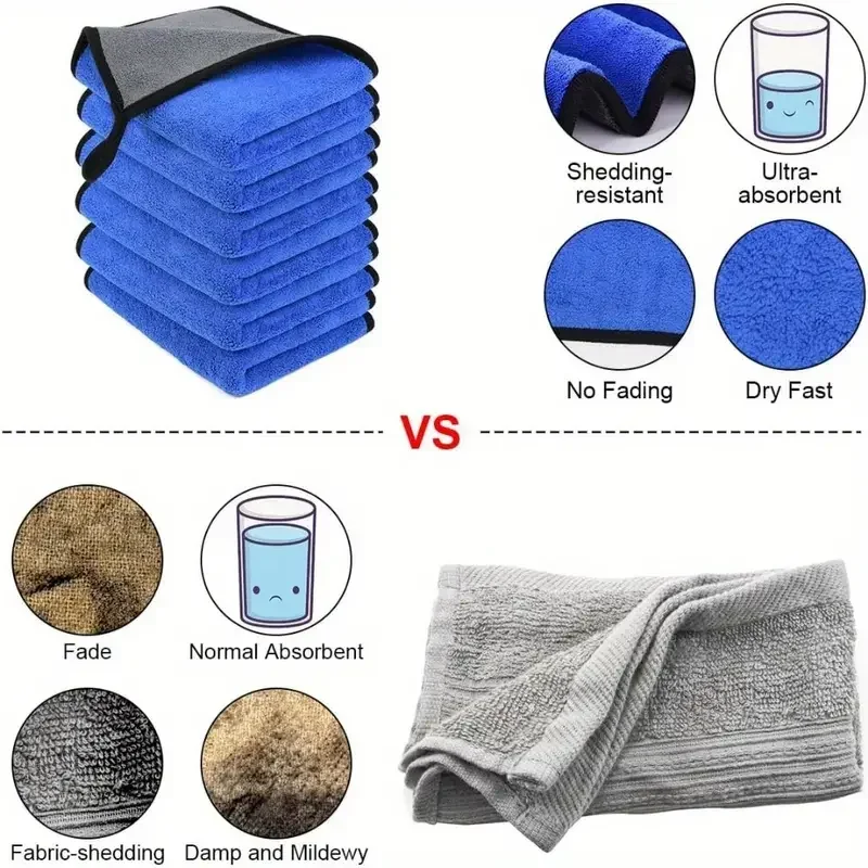 1-4pcs Microfiber Car Washing Towel Soft Quick Drying Windows Mirrors Wiping Rags Home Double Layer Cleaning Cloths 500GSM