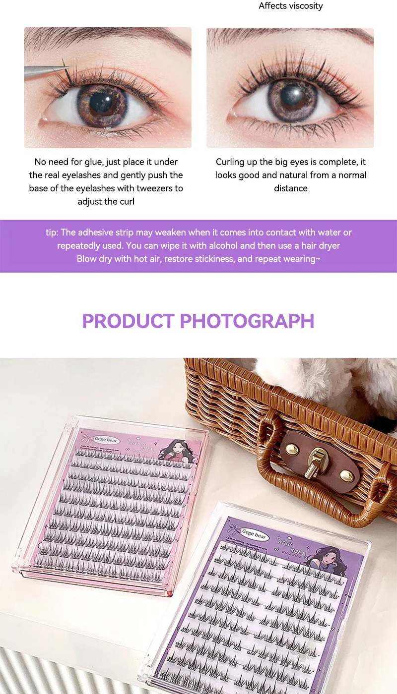 Gege Bear No-Glue False Eyelashes - Easy 3-Step Application, Natural Look, Perfect for Beginners with Sunflower Desig