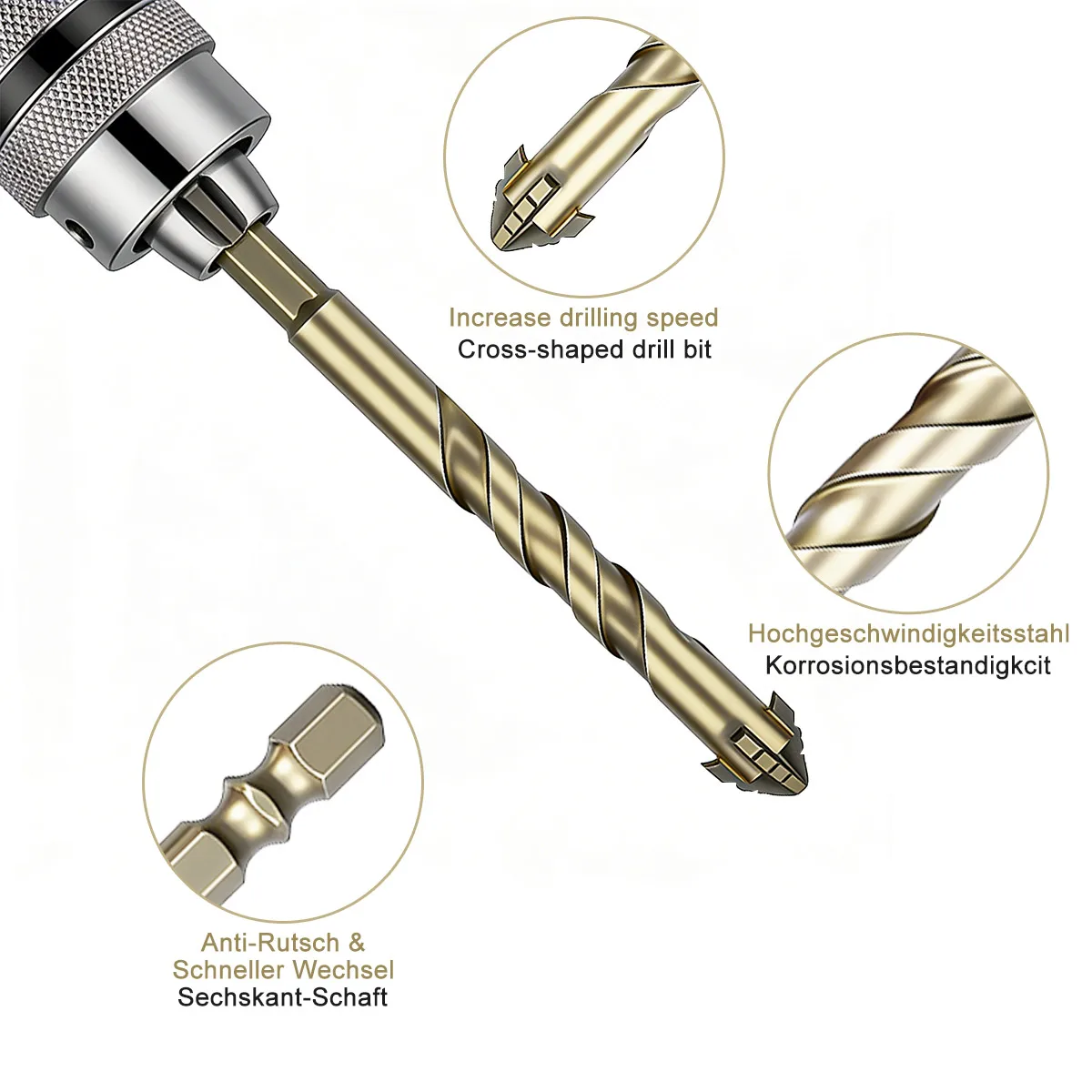 High-Four-Edged Serrated Eccentric Drill for Dry Drilling of Ceramic Tiles, Glass, Marble, Concrete, Stainless Steel Drill Bits