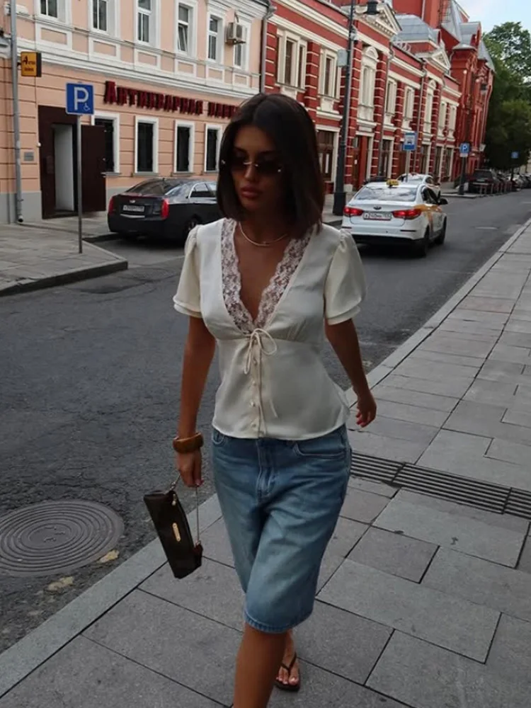Ahagaga Causal Women Tops Solid Lace -Neck Short Sleeves Satin Slim Button Regular Eelgant Streetwear Tees Female Basic T Shirts