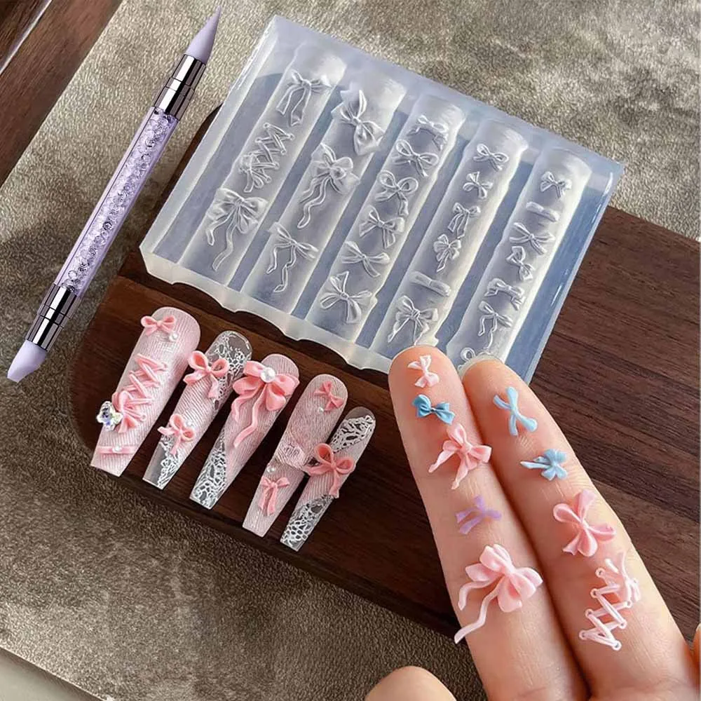 1Pcs 3D Bowknot Silicone Nail Molds+1Carving Pen Y2K Ballet Style Ribbon Nails Stencils Sculpture Bows Manicure Template Tools *