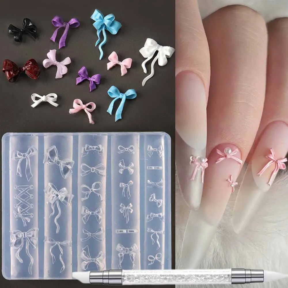 1Pcs 3D Bowknot Silicone Nail Molds+1Carving Pen Y2K Ballet Style Ribbon Nails Stencils Sculpture Bows Manicure Template Tools *