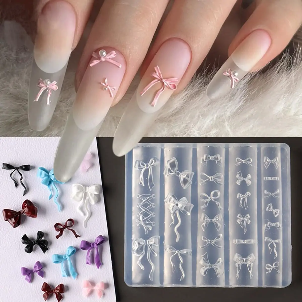 1Pcs 3D Bowknot Silicone Nail Molds+1Carving Pen Y2K Ballet Style Ribbon Nails Stencils Sculpture Bows Manicure Template Tools *