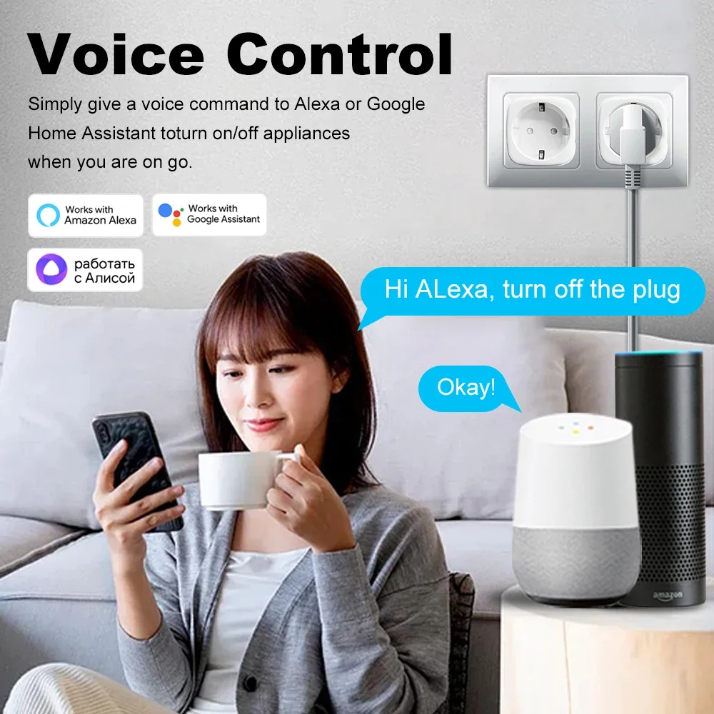 WiFi 20A Socket With Power Monitoring Work With Tuya Smart EU Plug Timer Child Lock Outlet Google Home Alice SmartThings Alexa