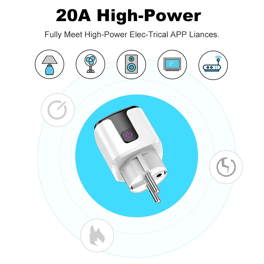 WiFi 20A Socket With Power Monitoring Work With Tuya Smart EU Plug Timer Child Lock Outlet Google Home Alice SmartThings Alexa