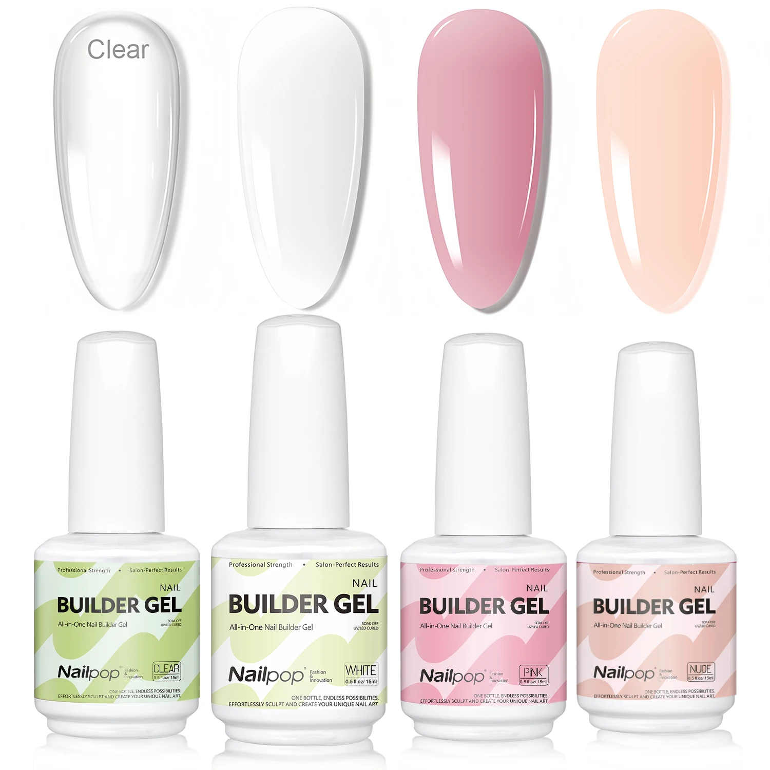Nailpop Builder Nail Gel 4 Colors Base Coat Strengthener Thickening Extension Rhinestone Glue Gel Polish Brush in Bottle 15ml