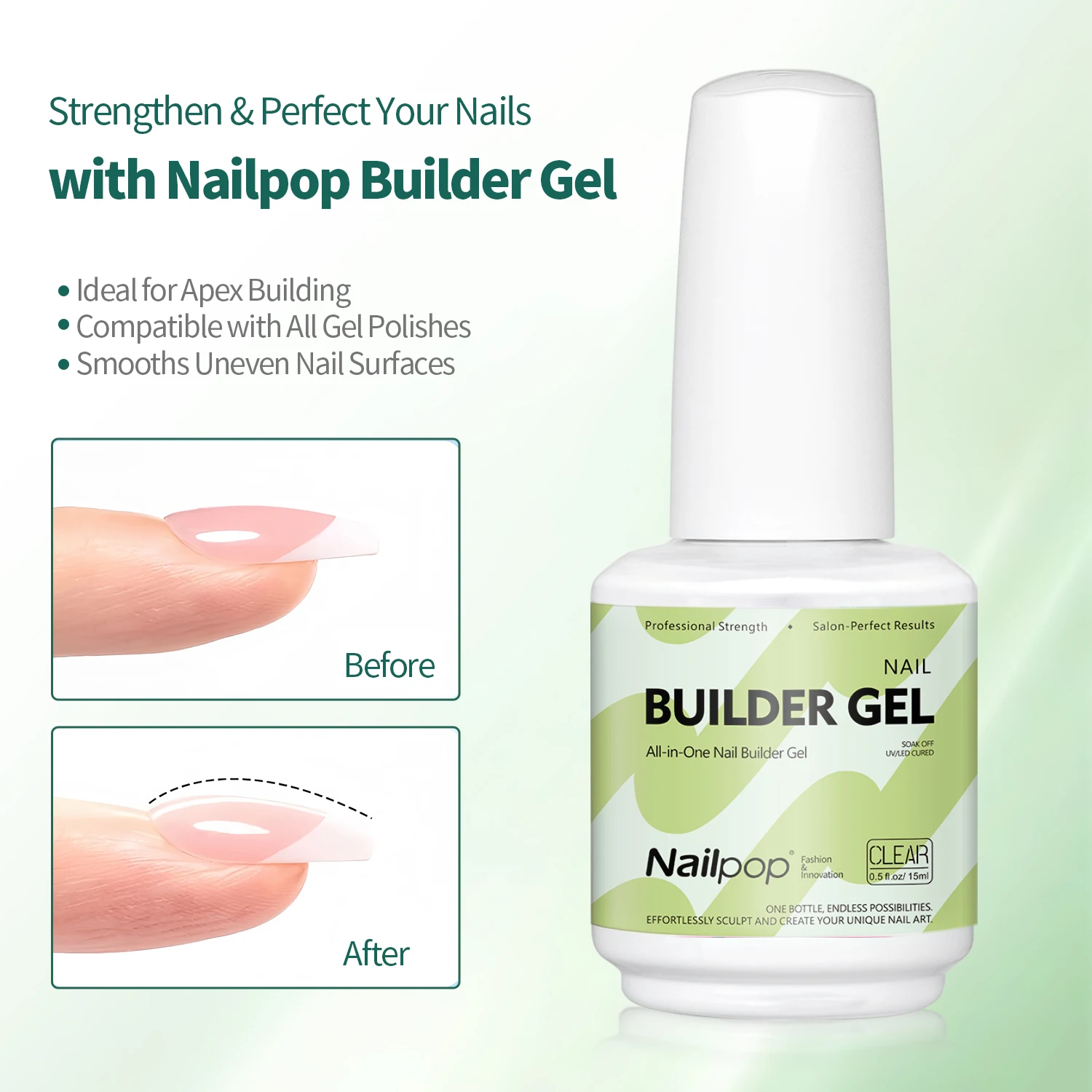 Nailpop Builder Nail Gel 4 Colors Base Coat Strengthener Thickening Extension Rhinestone Glue Gel Polish Brush in Bottle 15ml