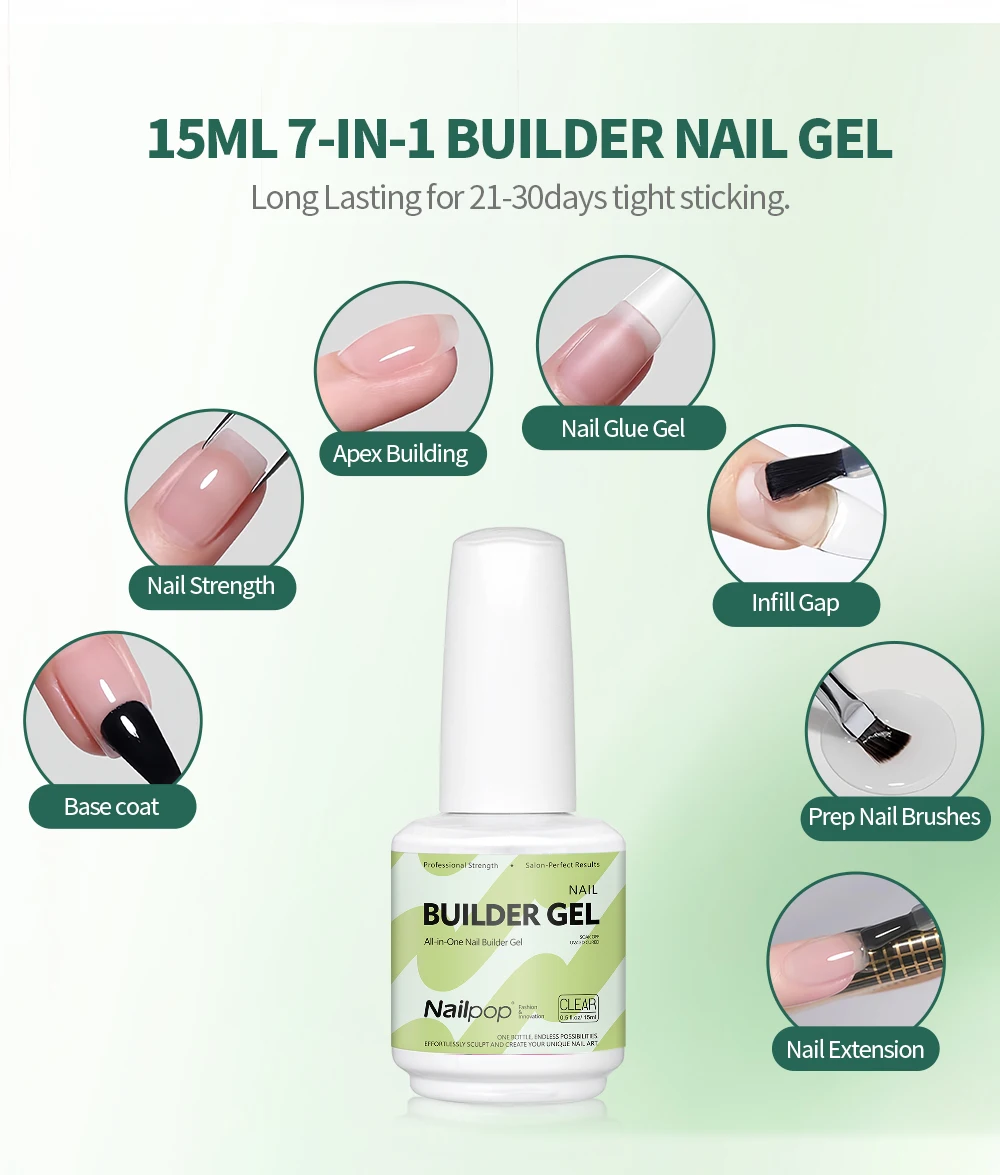 Nailpop Builder Nail Gel 4 Colors Base Coat Strengthener Thickening Extension Rhinestone Glue Gel Polish Brush in Bottle 15ml