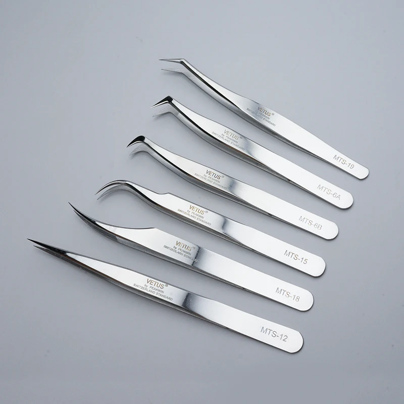 VETUS Original New MTS Series Silver Tweezers for Eyelash Extensions Stainless Steel Hyper Fine Tip Anti Static ESD Tweezers
