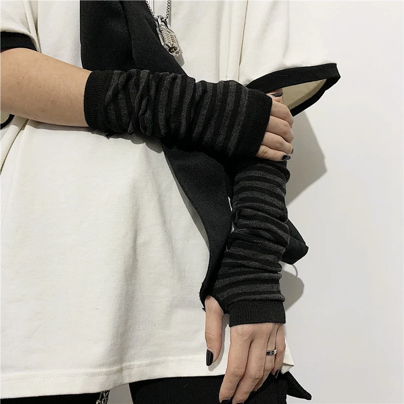 Winter Warm Long Sleeves Gloves for Man Women Fingerless Stripe Hip-Hop Knitted Elbow Mittens Elastic Outdoor Warmer Arm