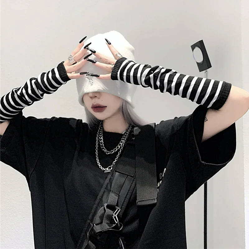 Winter Warm Long Sleeves Gloves for Man Women Fingerless Stripe Hip-Hop Knitted Elbow Mittens Elastic Outdoor Warmer Arm
