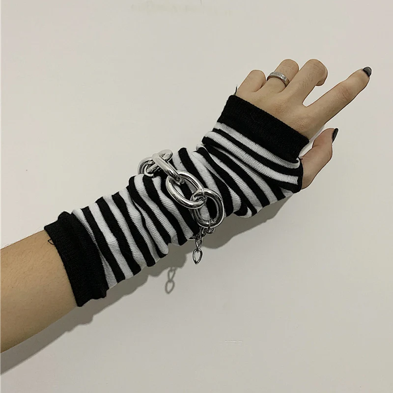 Winter Warm Long Sleeves Gloves for Man Women Fingerless Stripe Hip-Hop Knitted Elbow Mittens Elastic Outdoor Warmer Arm