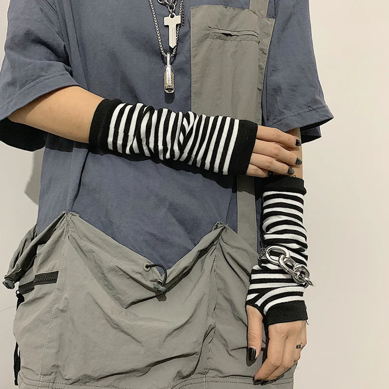 Winter Warm Long Sleeves Gloves for Man Women Fingerless Stripe Hip-Hop Knitted Elbow Mittens Elastic Outdoor Warmer Arm