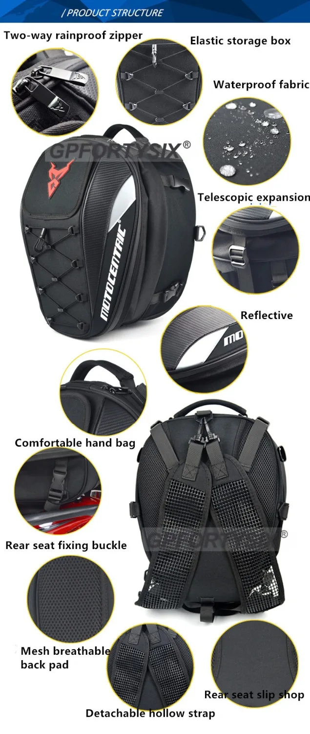 MOTOCENTRIC Motorcycle Back Seat Bags Waterproof Tail Bag Rear Seat Bag Multifunctional Motorbike Helmet Bag Moto Rider Backpack
