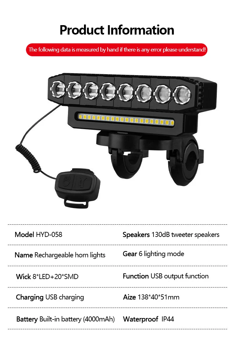 5/8 LED Bicycle Front Light USB Rechargeable 130dB Cycling Bike Horn Easy to Install 6 Modes Bicycle Bell Light