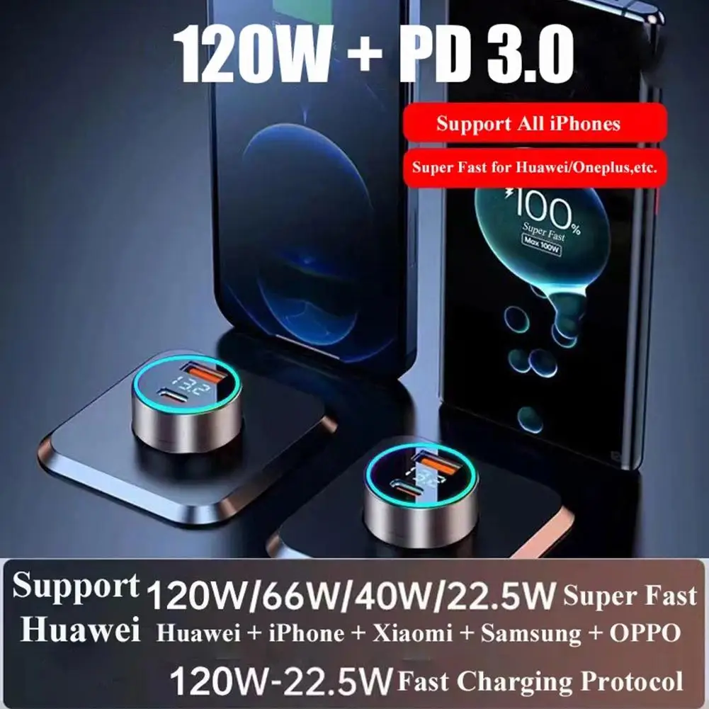 2 Port Super Fast USB Car Charger For iPhone 14 Pro Max 13 12 11 Samsung S23 S22 120W Quick Charging Adapter