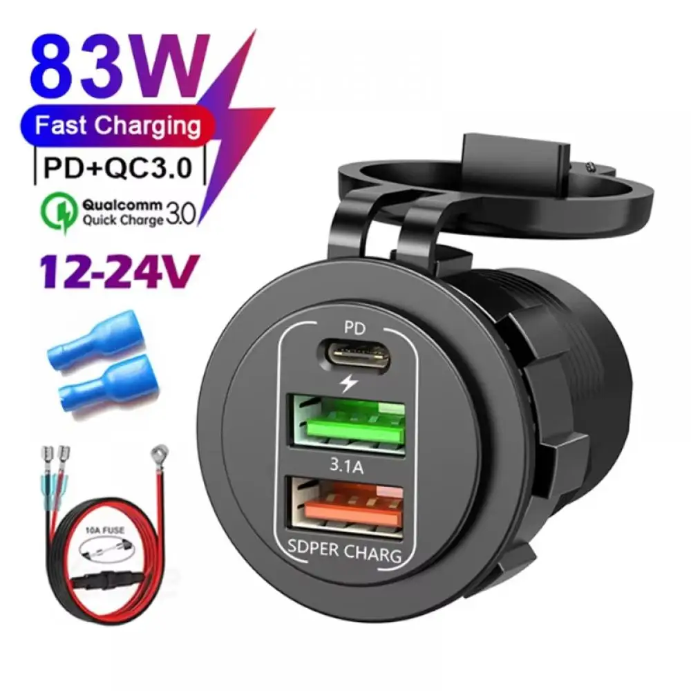 NEW 4 Ports Dual PD Dual QC 3.0 USB Car Charger with Voltmeter Socket Power Outlet Adapter Waterproof for 12V/24V Car Boat