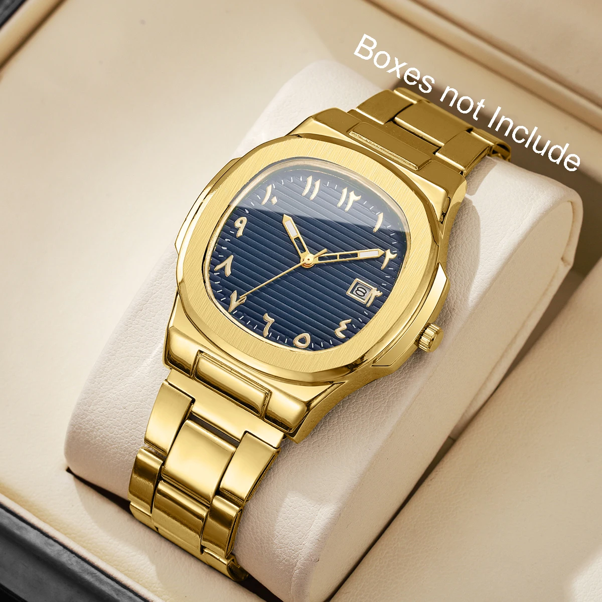 Luxury Men Business Watches Fashion Square Dial Stainless Steel Strap Quartz Watch with Calendar For Mens Clock(Without Box)