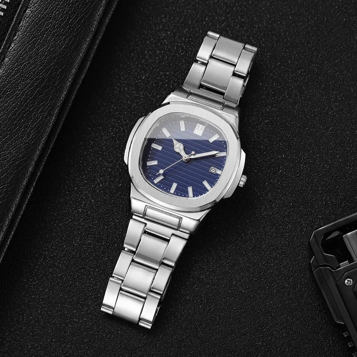 Luxury Men Business Watches Fashion Square Dial Stainless Steel Strap Quartz Watch with Calendar For Mens Clock(Without Box)
