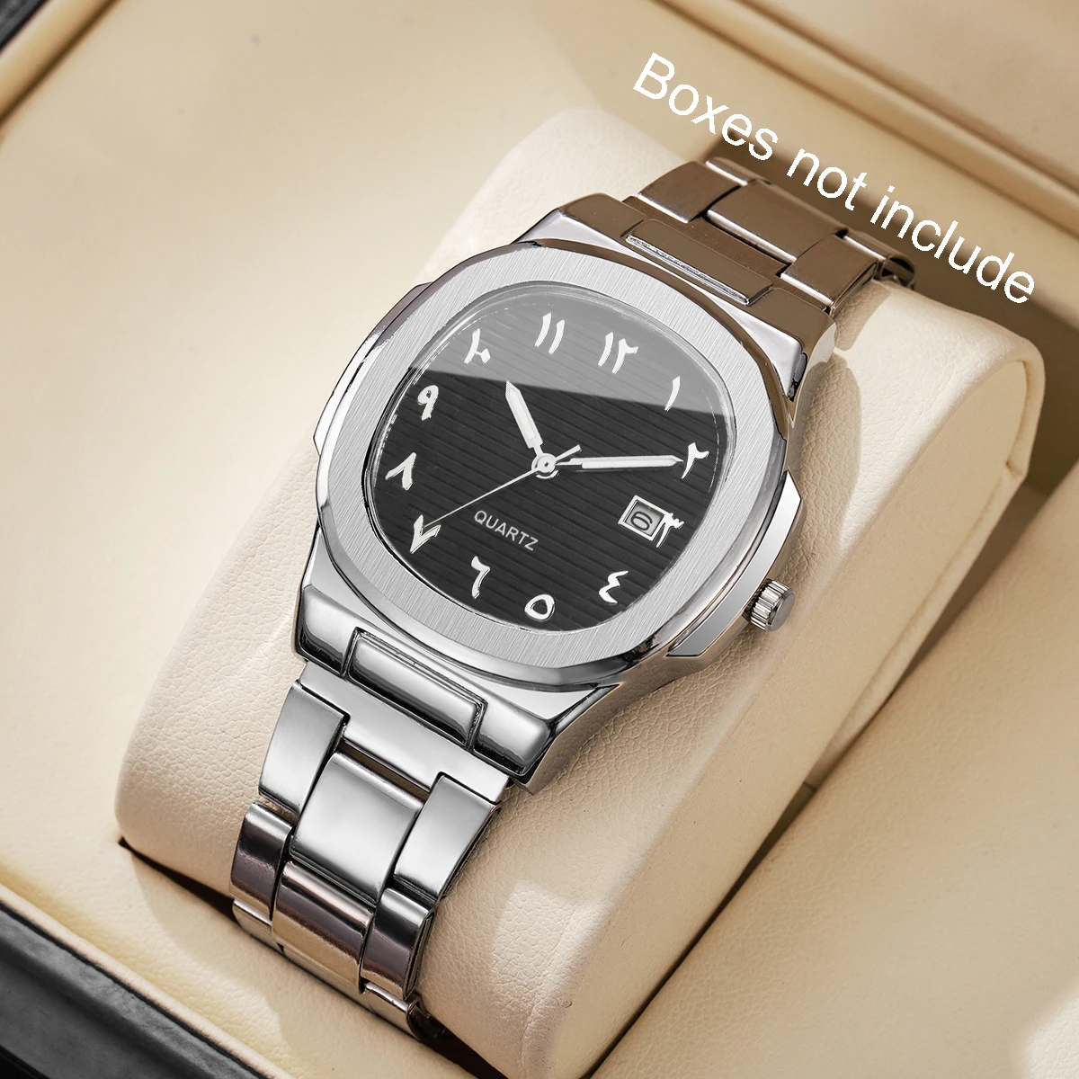 Luxury Men Business Watches Fashion Square Dial Stainless Steel Strap Quartz Watch with Calendar For Mens Clock(Without Box)