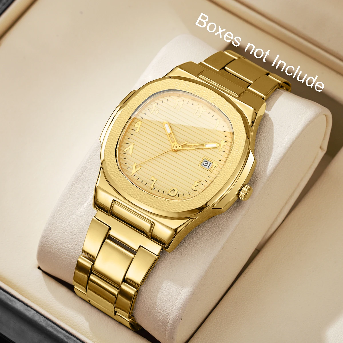 Luxury Men Business Watches Fashion Square Dial Stainless Steel Strap Quartz Watch with Calendar For Mens Clock(Without Box)