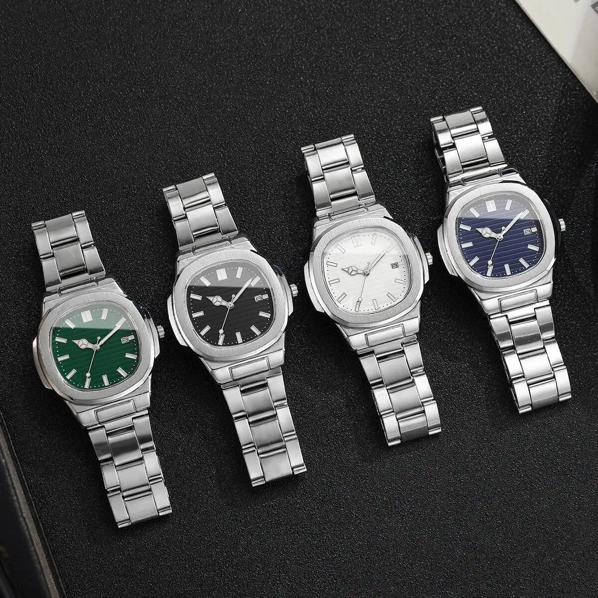 Luxury Men Business Watches Fashion Square Dial Stainless Steel Strap Quartz Watch with Calendar For Mens Clock(Without Box)
