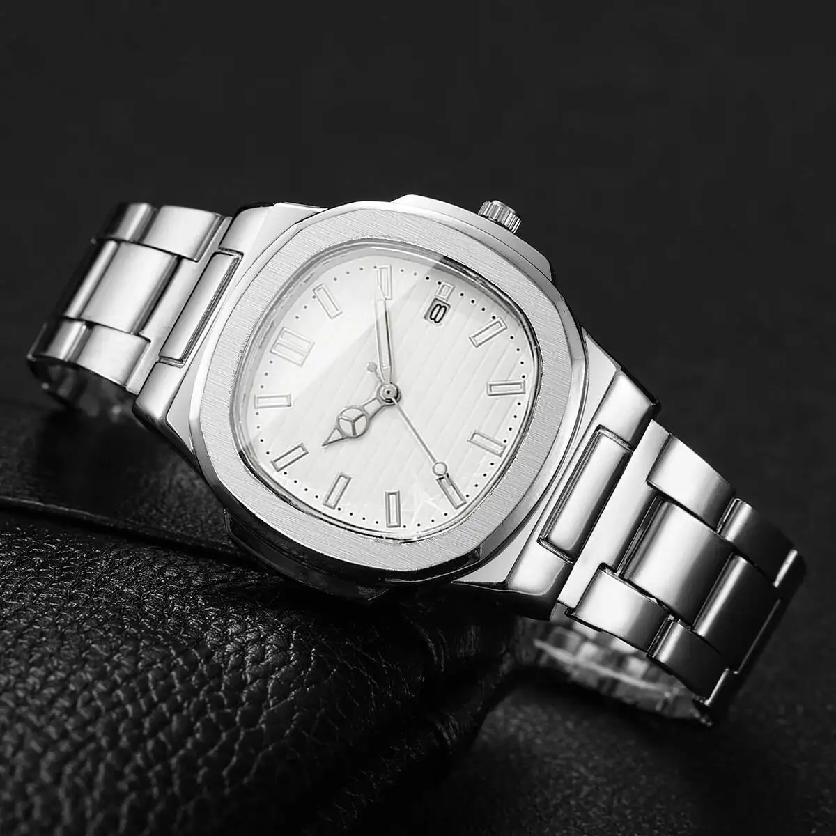 Luxury Men Business Watches Fashion Square Dial Stainless Steel Strap Quartz Watch with Calendar For Mens Clock(Without Box)