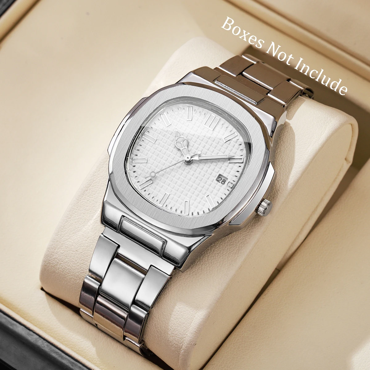 Luxury Men Business Watches Fashion Square Dial Stainless Steel Strap Quartz Watch with Calendar For Mens Clock(Without Box)