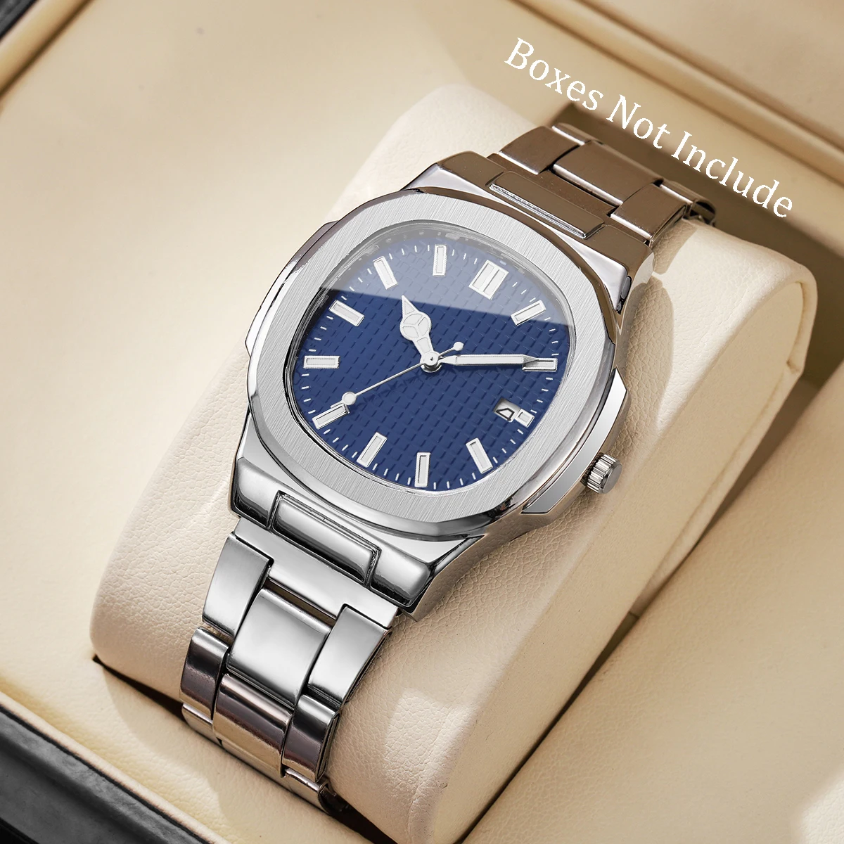 Luxury Men Business Watches Fashion Square Dial Stainless Steel Strap Quartz Watch with Calendar For Mens Clock(Without Box)