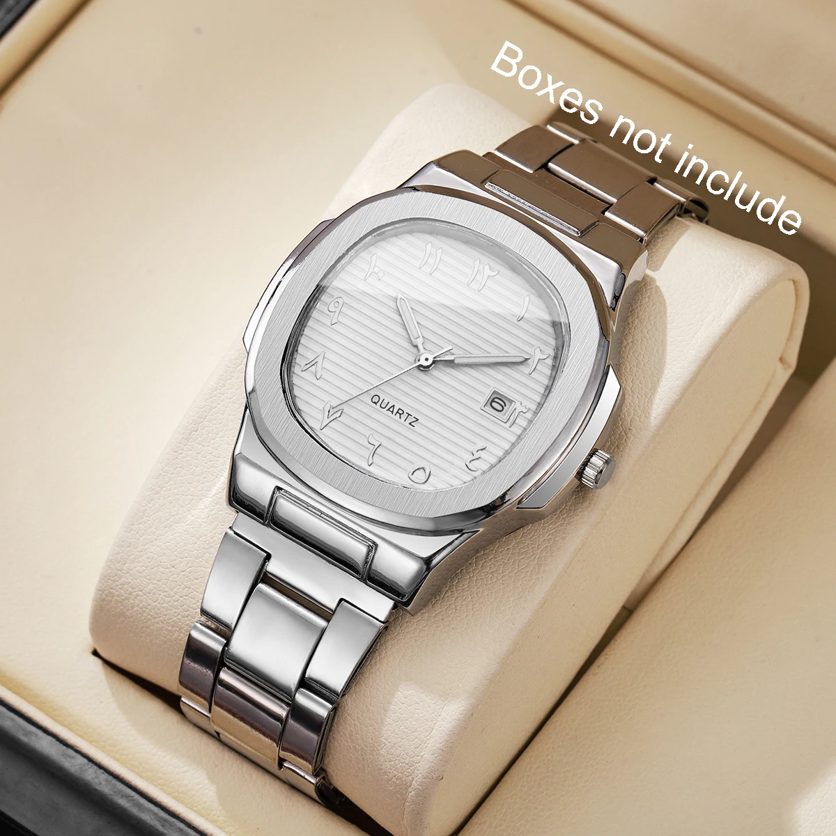 Luxury Men Business Watches Fashion Square Dial Stainless Steel Strap Quartz Watch with Calendar For Mens Clock(Without Box)