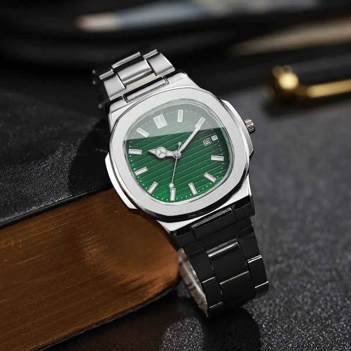 Luxury Men Business Watches Fashion Square Dial Stainless Steel Strap Quartz Watch with Calendar For Mens Clock(Without Box)