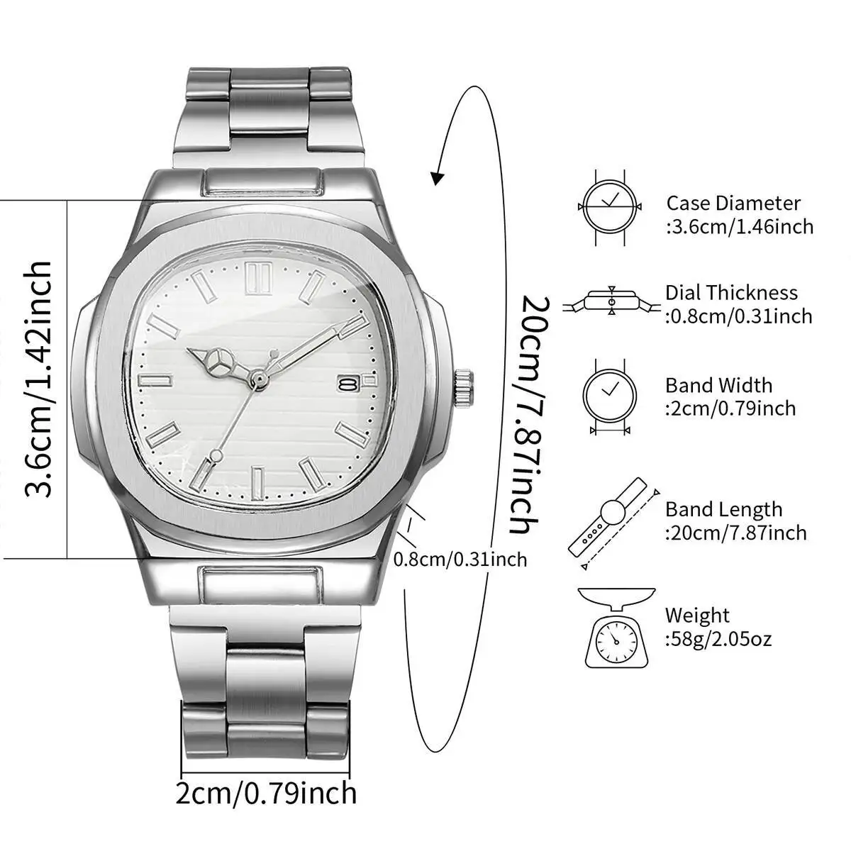Luxury Men Business Watches Fashion Square Dial Stainless Steel Strap Quartz Watch with Calendar For Mens Clock(Without Box)