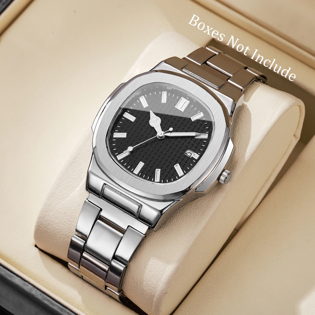Luxury Men Business Watches Fashion Square Dial Stainless Steel Strap Quartz Watch with Calendar For Mens Clock(Without Box)