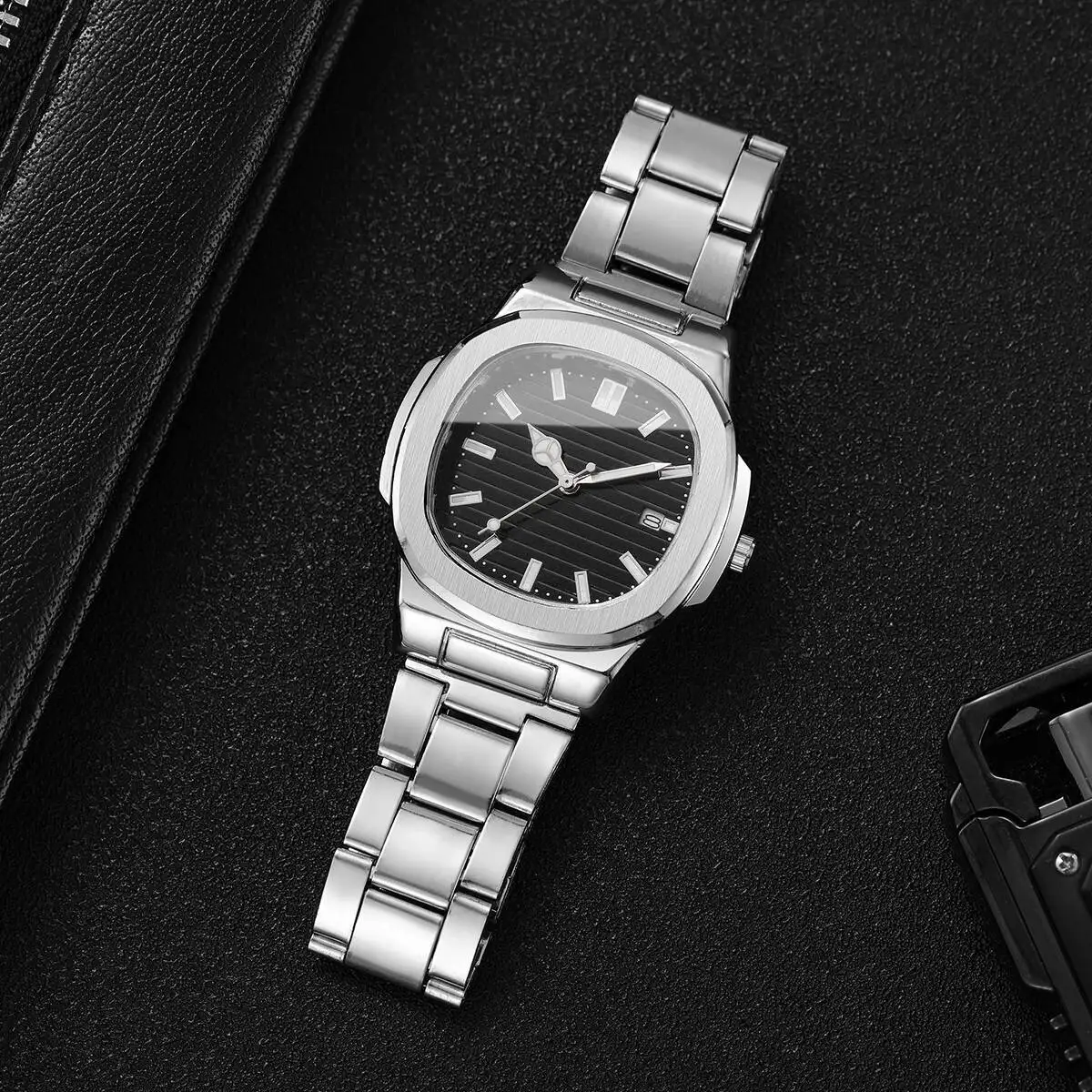 Luxury Men Business Watches Fashion Square Dial Stainless Steel Strap Quartz Watch with Calendar For Mens Clock(Without Box)