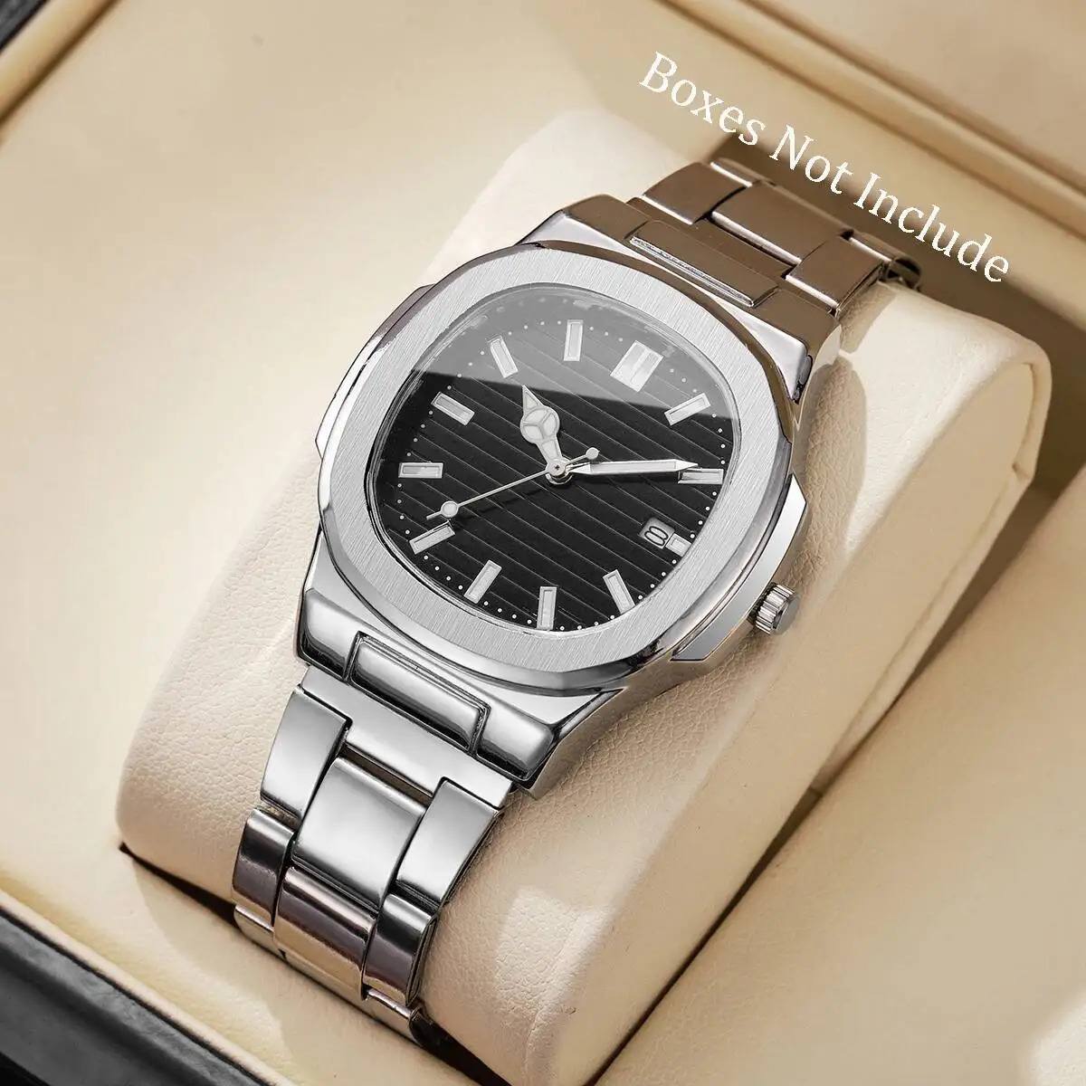 Luxury Men Business Watches Fashion Square Dial Stainless Steel Strap Quartz Watch with Calendar For Mens Clock(Without Box)