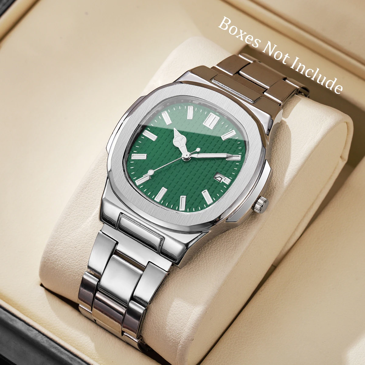 Luxury Men Business Watches Fashion Square Dial Stainless Steel Strap Quartz Watch with Calendar For Mens Clock(Without Box)