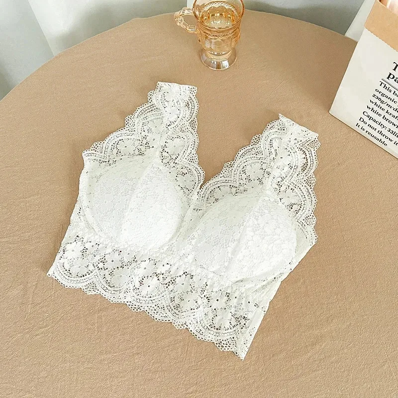 Lace Bras Top Women Deep V Neck Sexy Lingerie Wire Free Bra Tank Tops Female Underwear V Back Bralette Padded Camisole