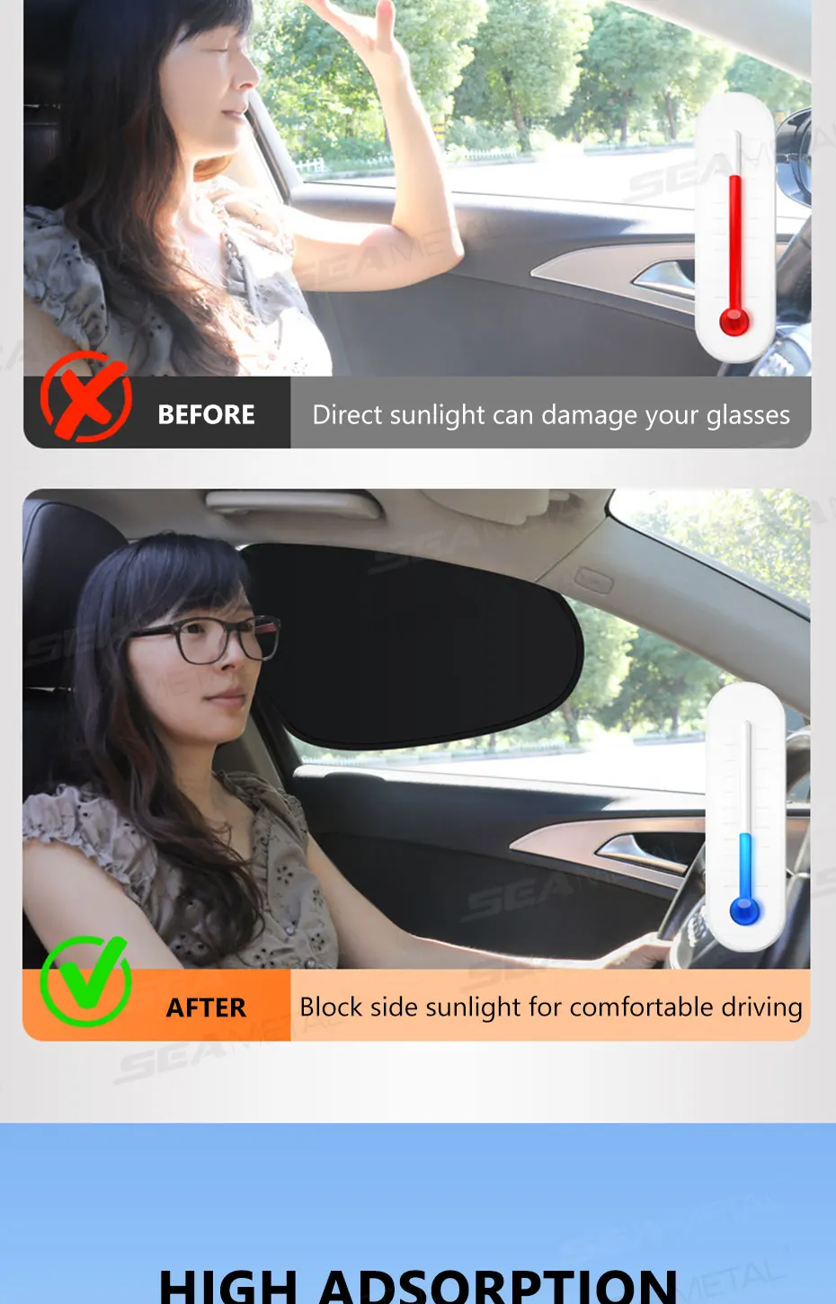 SEAMETAL Electrostatic Sun Visor for Car Side Window 4-Layer Sun Shade Curtains Anti-Glare UV-Blocker Auto Sun Protection Cover