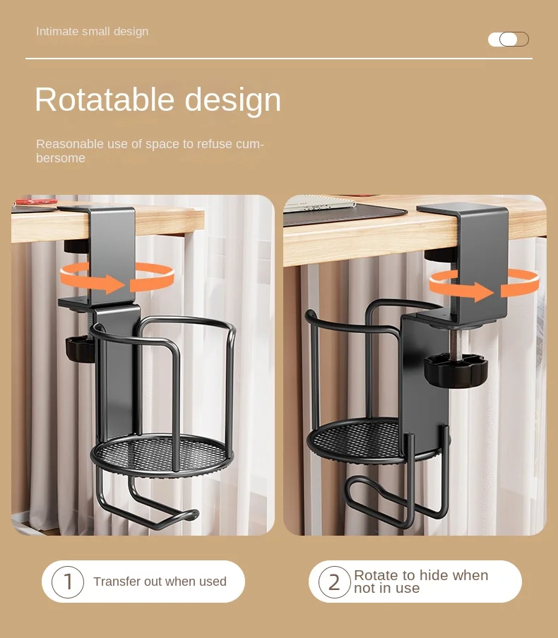 2 in 1 No Drill Desk Cup Holder Adjustable Upgraded Arm Clamp Stand 360 Degree Rotating Table Edge Clamp Anti-Fall Cup Holder