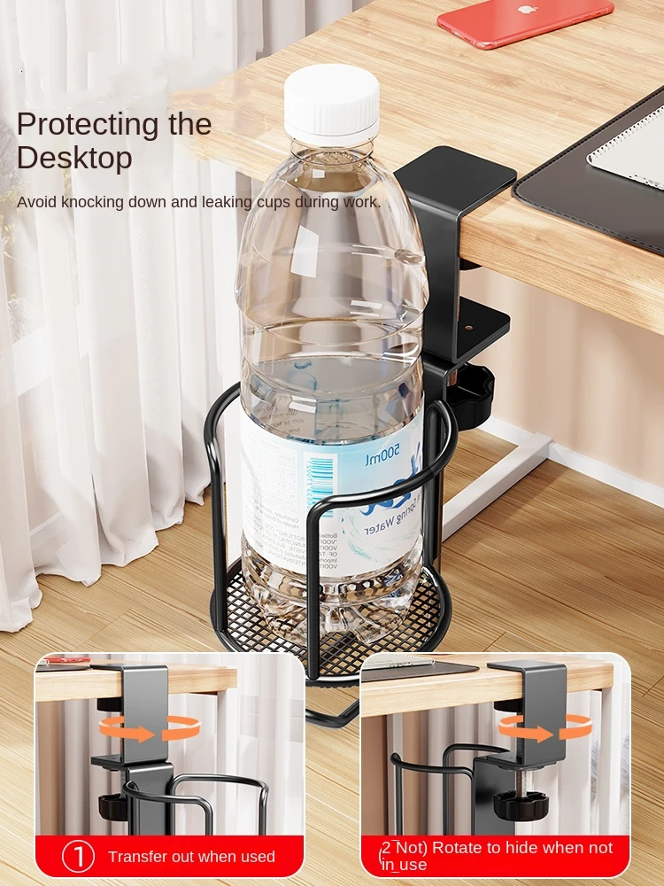 2 in 1 No Drill Desk Cup Holder Adjustable Upgraded Arm Clamp Stand 360 Degree Rotating Table Edge Clamp Anti-Fall Cup Holder