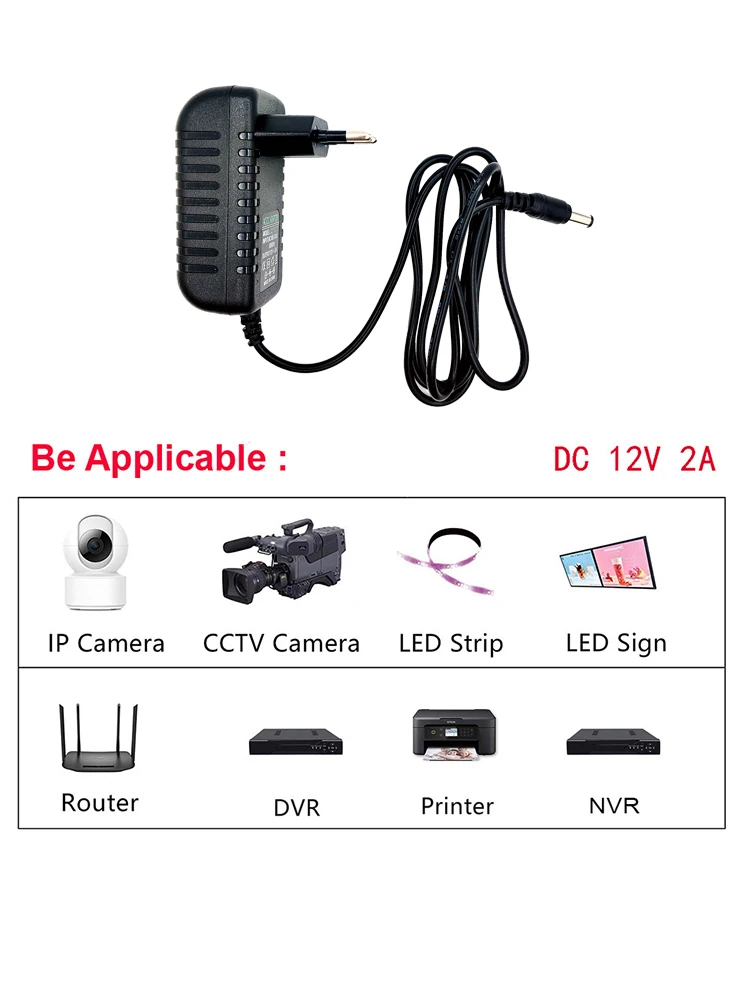 2pcs Power Adapter AC 100-240V Input DC 12V 2A Output Supply Charger Universal Adapter Converter Plug for Camera DVR Router LED