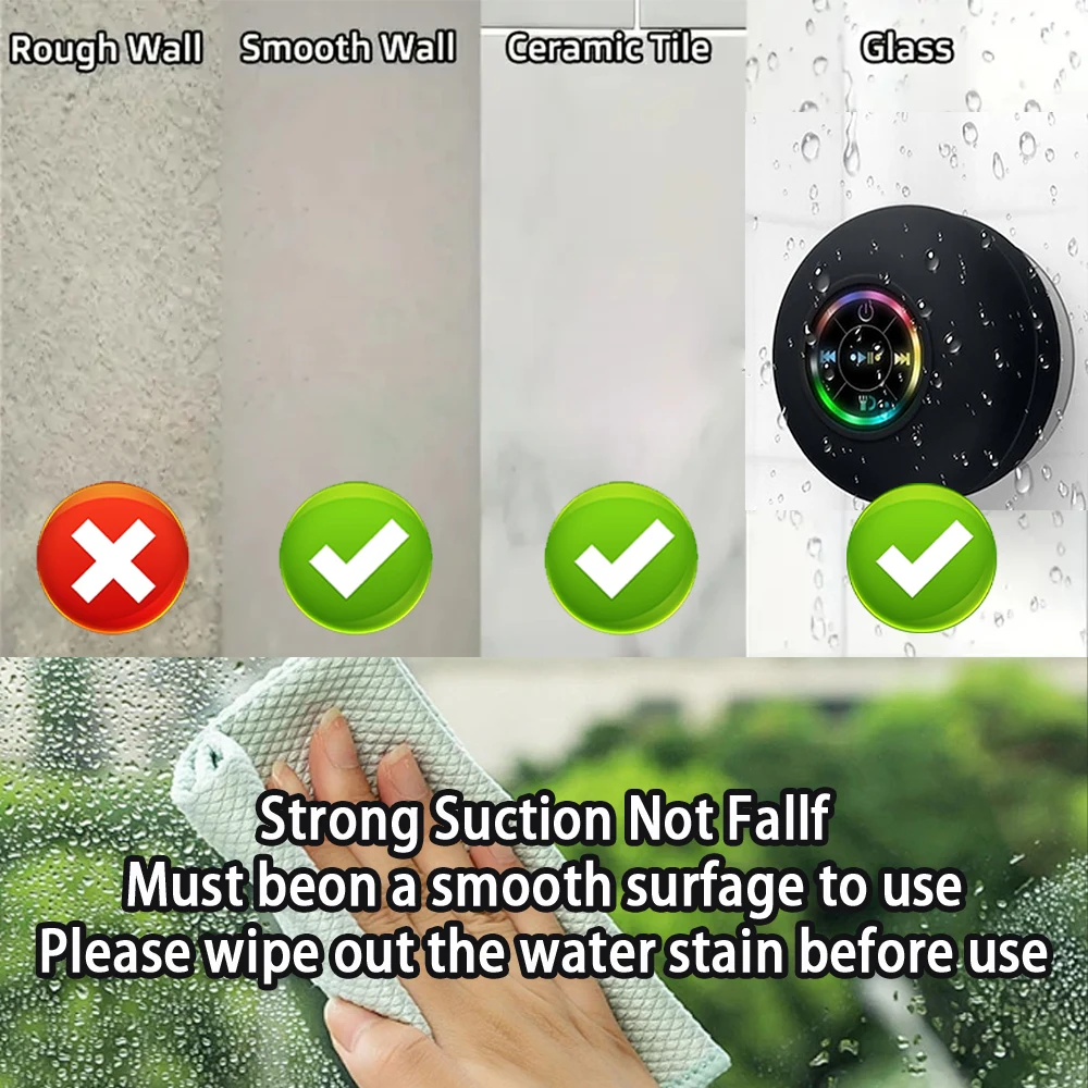 Portable Wireless Bluetooth Speaker LED Light IPX4 Waterproof Loudspeaker Outdoor Bathroom Large Suction Cup Stereo Sound Box