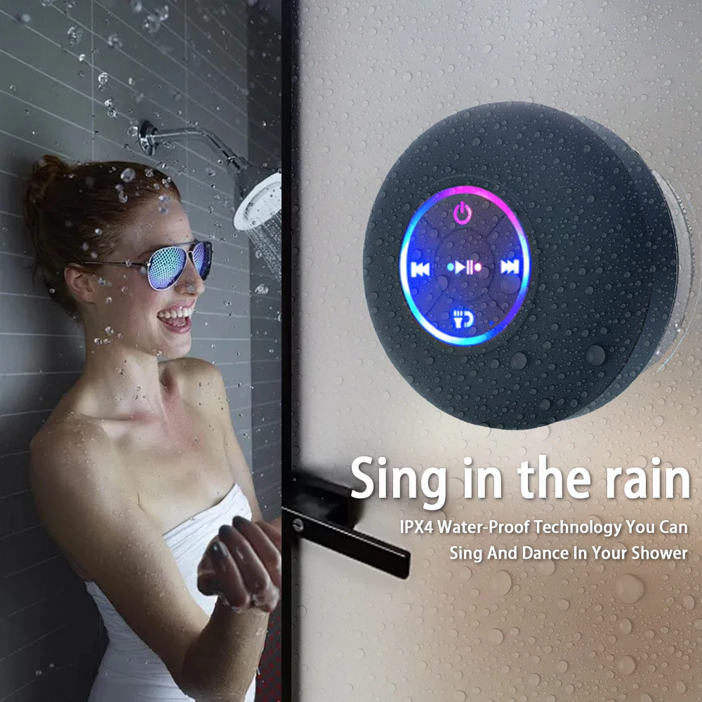 Portable Wireless Bluetooth Speaker LED Light IPX4 Waterproof Loudspeaker Outdoor Bathroom Large Suction Cup Stereo Sound Box