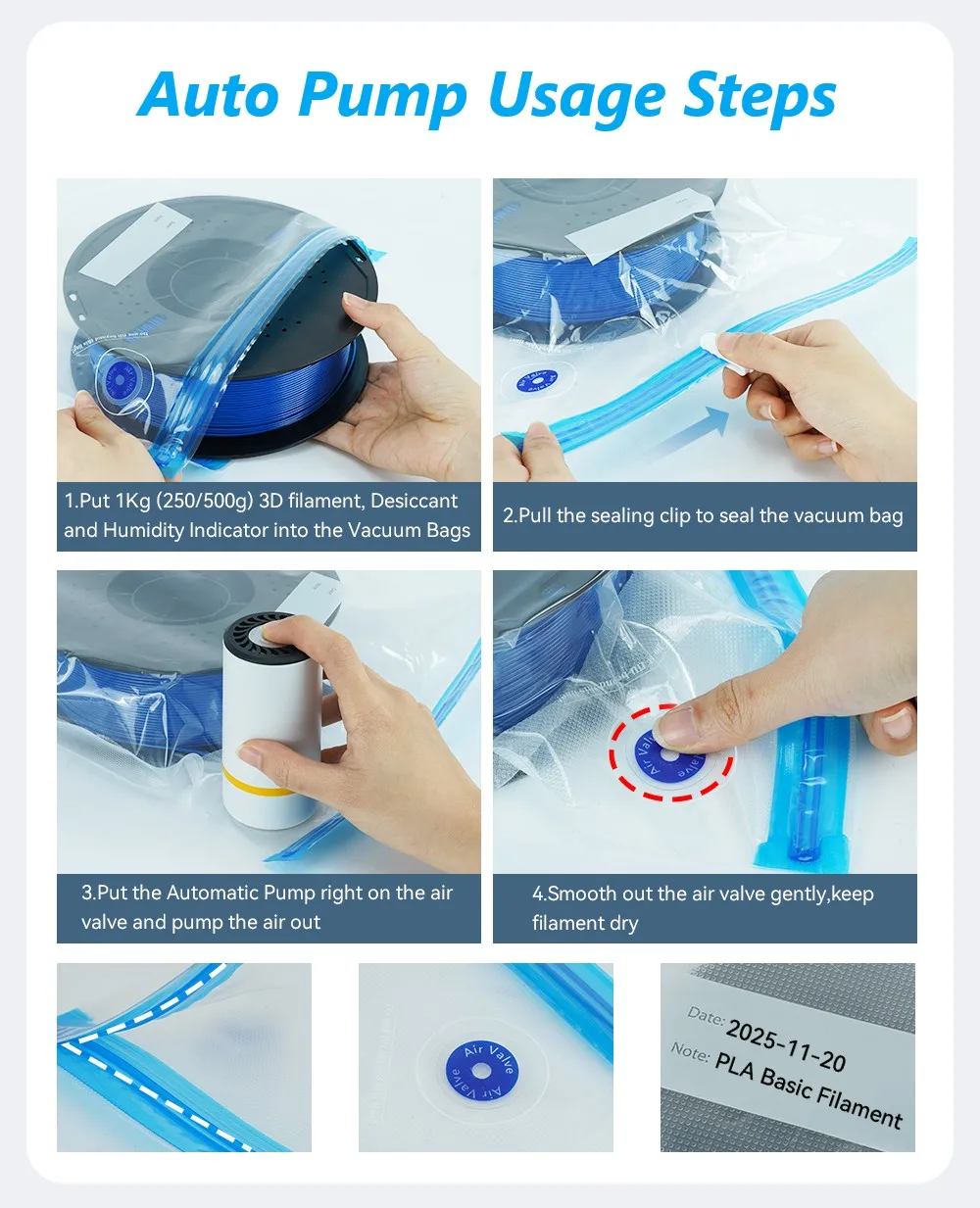 3D Printer Filament Storage Bag PLA ABS PETG Vacuum Bag Dryer Safekeep Humidity Resistant Sealing Bags Keep Filament Dry Sealed