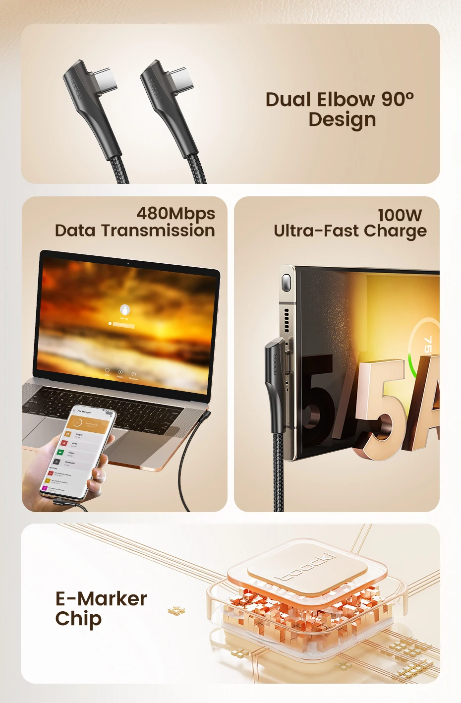 Toocki PD 60W 100W USB Type C Cable 90 Degree Dual Elbow Data Cord For iPhone 15 Xiaomi Samsung S23 Realme 5A Fast Charging Wire