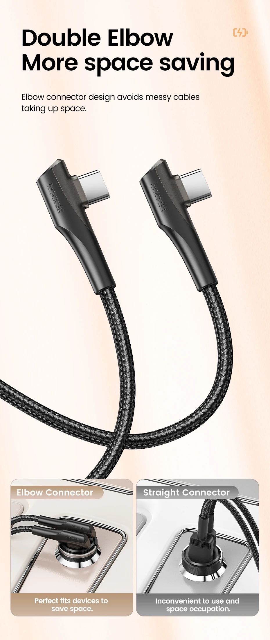 Toocki PD 60W 100W USB Type C Cable 90 Degree Dual Elbow Data Cord For iPhone 15 Xiaomi Samsung S23 Realme 5A Fast Charging Wire