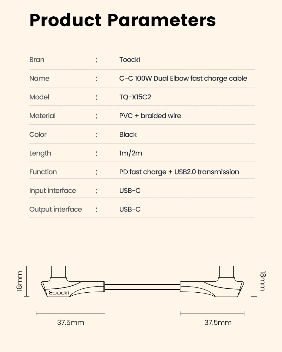 Toocki PD 60W 100W USB Type C Cable 90 Degree Dual Elbow Data Cord For iPhone 15 Xiaomi Samsung S23 Realme 5A Fast Charging Wire