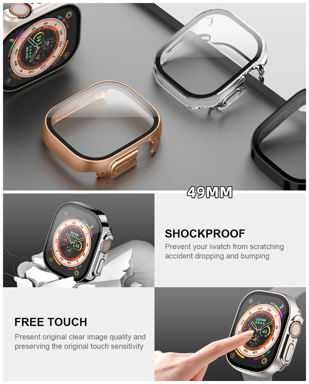 Glass+Case for Apple Watch 42 46mm 45mm 41 49 44mm 40 Mm Straight Edge Screen Protector Cover Case iWatch SE 6 7 8 9 10 11 Ultra