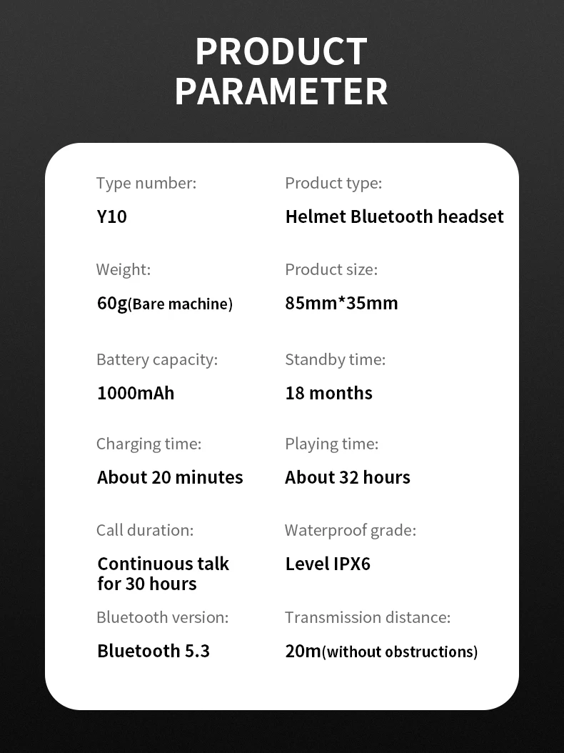 Y10 Bluetooth 5.3 Helmet Headset Wireless Hands-free Call Phone Kit Motorcycle Waterproof Earphone Music Player Speaker for Moto